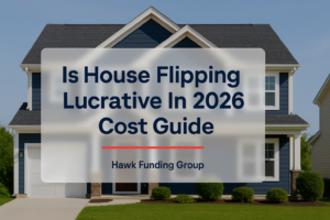 Is House Flipping Lucrative typography design with Hawk Funding Group branding on a real estate header.