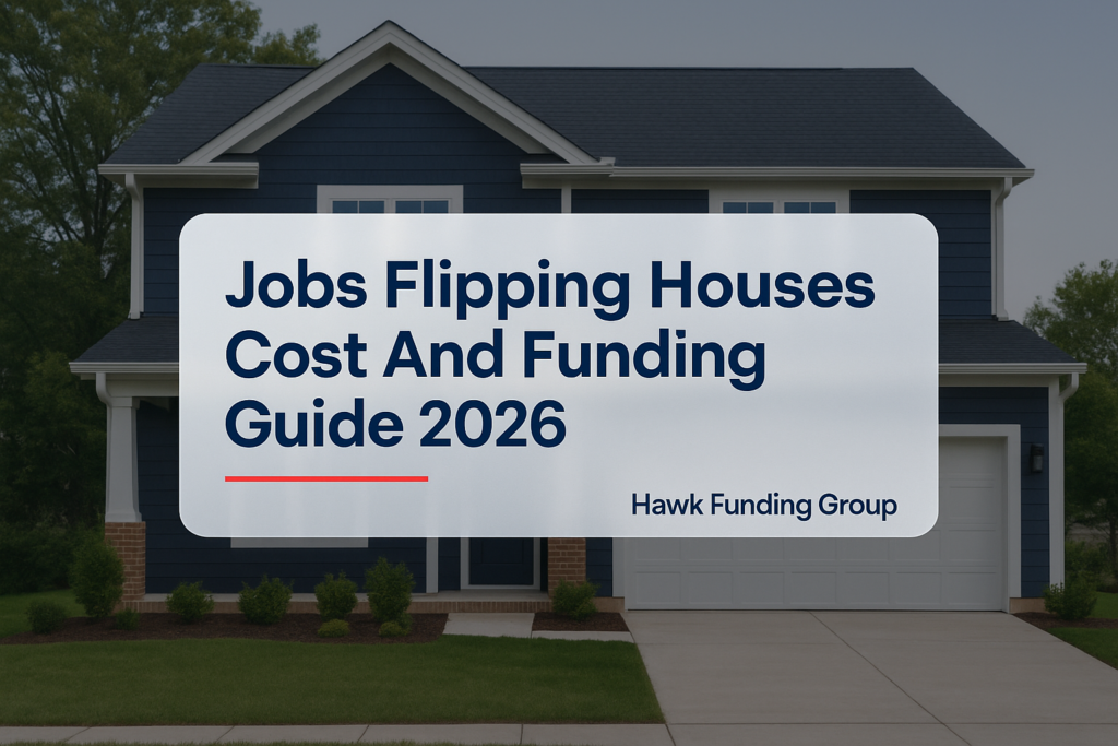 Jobs flipping houses typography over home exterior by Hawk Funding Group.