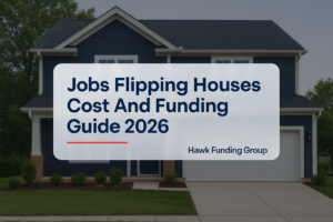 Jobs flipping houses typography over home exterior by Hawk Funding Group.