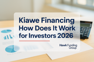 Kiawe typography blog header for investors by Hawk Funding Group, dark navy title over finance desk photo.