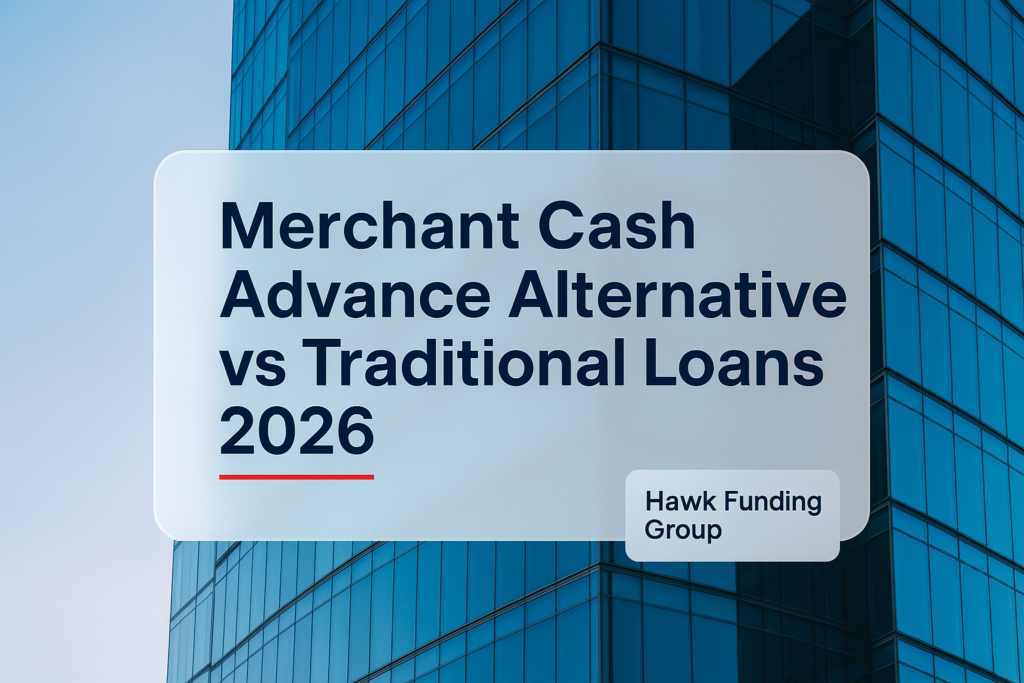 Merchant cash advance alternative typography design by Hawk Funding Group with bold navy headline on office building background.