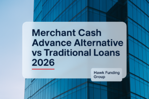 Merchant cash advance alternative typography design by Hawk Funding Group with bold navy headline on office building background.