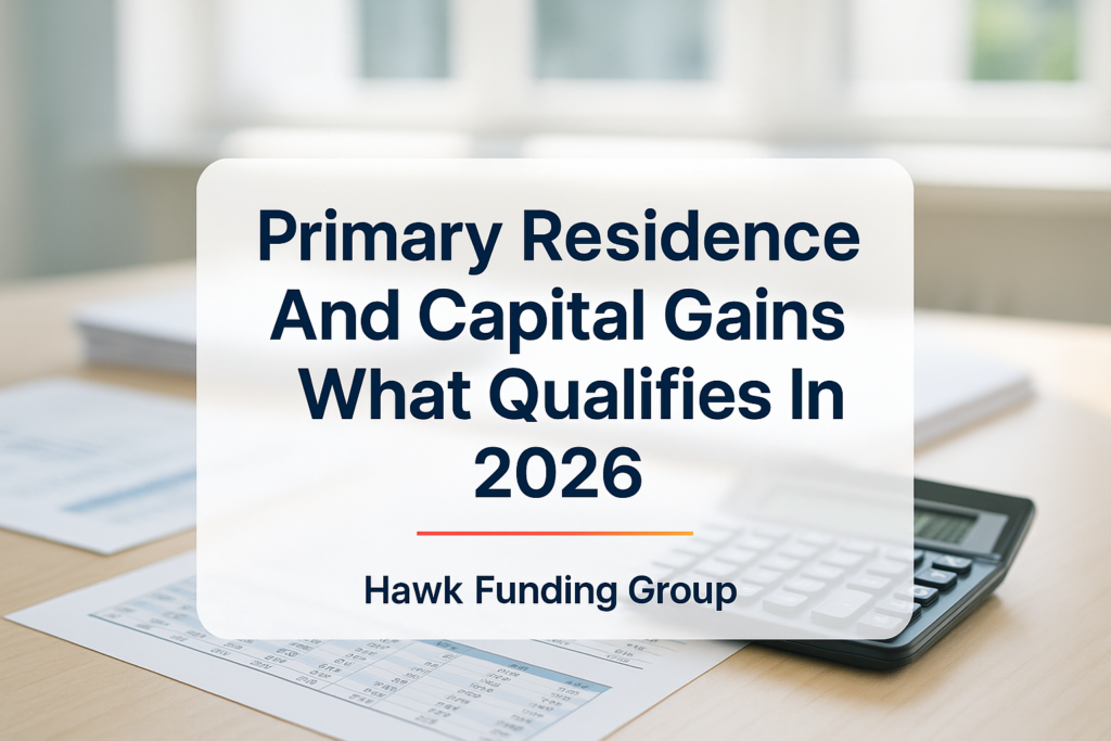 Typography cover for primary residence and capital gains with Hawk Funding Group branding on a modern office desk background.