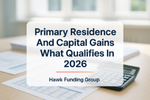 Typography cover for primary residence and capital gains with Hawk Funding Group branding on a modern office desk background.