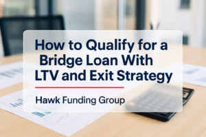 Typography design for how to qualify for a bridge loan by Hawk Funding Group, over a calculator and loan papers background.