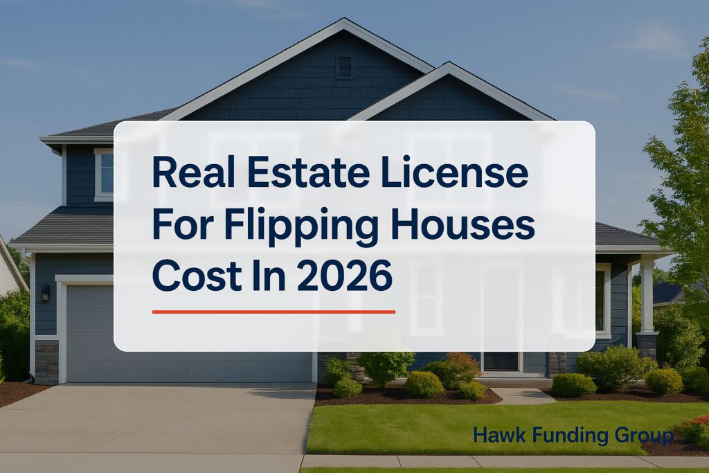 Real estate license for flipping houses typography design with Hawk Funding Group branding on a modern home exterior background.