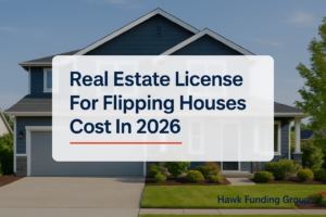 Real estate license for flipping houses typography design with Hawk Funding Group branding on a modern home exterior background.