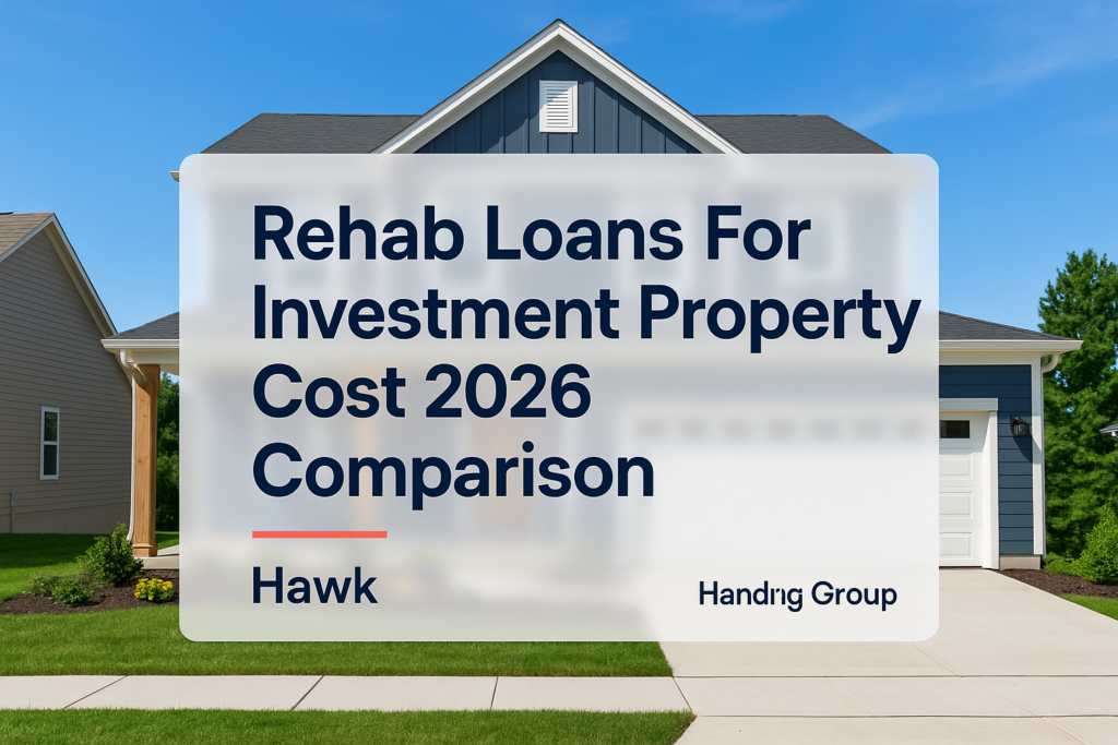Typography design for rehab loans for investment property by Hawk Funding Group over a house exterior.