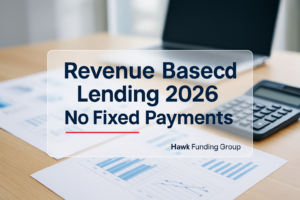Revenue based lending typography header by Hawk Funding Group over a desk photo, clean navy headline, modern finance design.