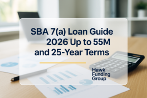 SBA 7a loan typography design for Hawk Funding Group on a clean finance desk background.