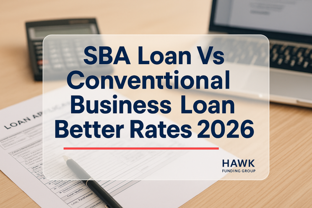 SBA loan vs conventional business loan typography design by Hawk Funding Group, dark navy headline with finance workspace background.
