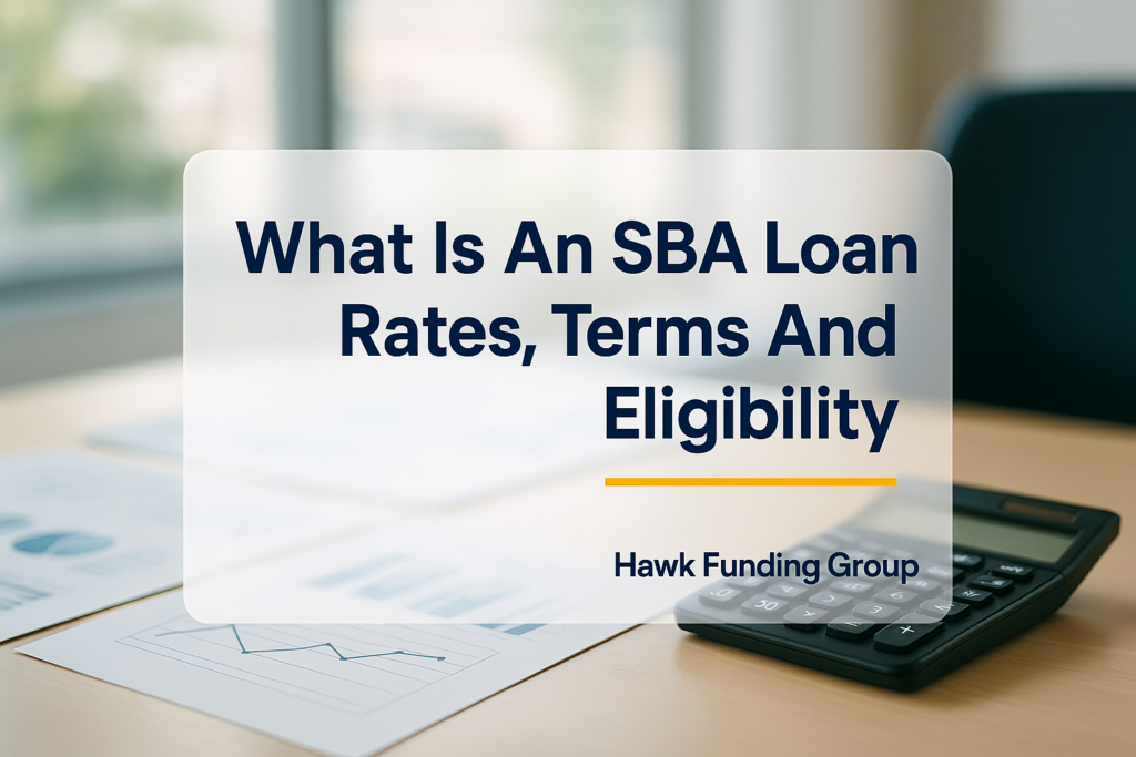 What is an SBA loan typography design on office desk background for Hawk Funding Group.
