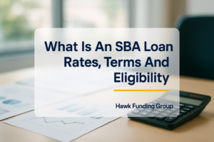 What is an SBA loan typography design on office desk background for Hawk Funding Group.