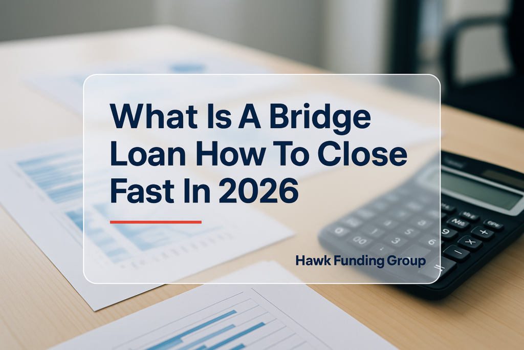 Bridge loan typography design with Hawk Funding Group on a modern finance desk background.