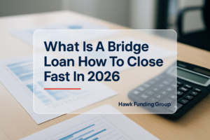 Bridge loan typography design with Hawk Funding Group on a modern finance desk background.