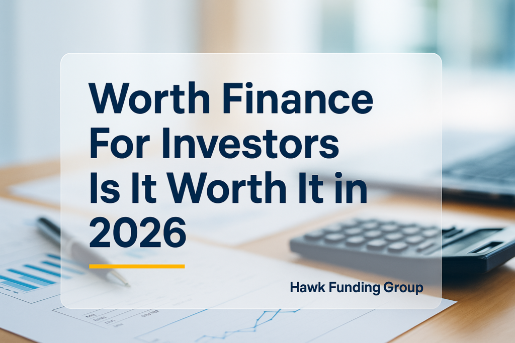 Worth finance typography over office desk image for Hawk Funding Group.
