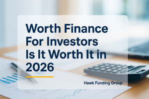 Worth finance typography over office desk image for Hawk Funding Group.