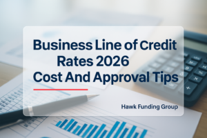 Business line of credit rates typography design by Hawk Funding Group with bold navy headline on a modern office desk background.