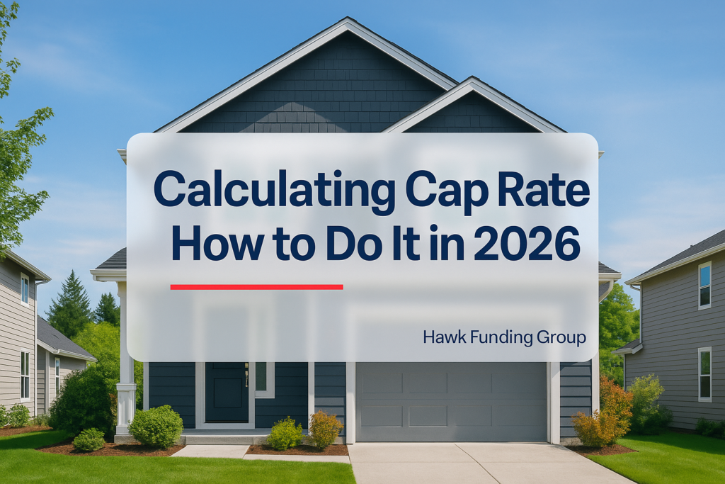 Calculating cap rate typography design on home exterior background, Hawk Funding Group branding.