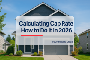 Calculating cap rate typography design on home exterior background, Hawk Funding Group branding.