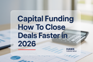 Capital funding typography design for Hawk Funding Group on a modern finance blog header.