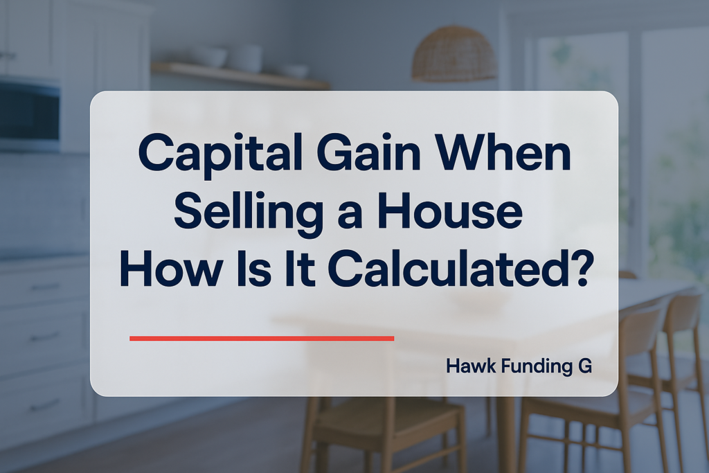 Capital gain when selling a house typography design by Hawk Funding Group with bold navy headline and subtle accents.