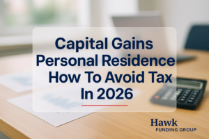 Capital gains personal residence typography design for Hawk Funding Group with bold navy headline and subtle accents.