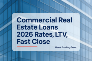 Commercial real estate loans typography cover by Hawk Funding Group with bold navy headline and subtle accent branding.