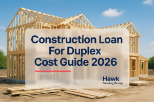 Construction loan for duplex typography design by Hawk Funding Group over a duplex construction photo.