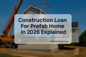 Bold typography design for construction loan for prefab home by Hawk Funding Group.