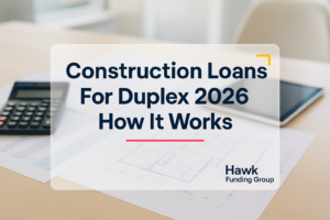 Construction loans for duplex title design by Hawk Funding Group over office finance photo.