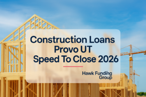 Construction loans Provo UT headline design by Hawk Funding Group with bold navy typography over a construction site photo.