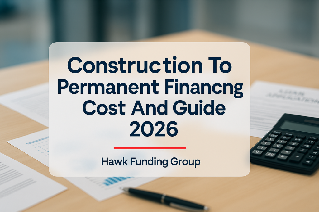 Construction to permanent financing typography design for Hawk Funding Group, with bold navy headline on a finance desk background.