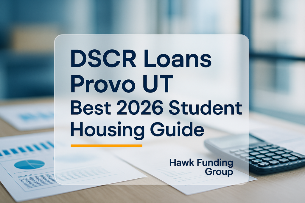 DSCR loans Provo UT typography header by Hawk Funding Group on a navy-accented finance desk design.