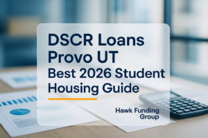 DSCR loans Provo UT typography header by Hawk Funding Group on a navy-accented finance desk design.