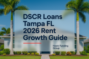 DSCR Loans Tampa FL 2026 Rent Growth Guide typography design by Hawk Funding Group on a dimmed home exterior.