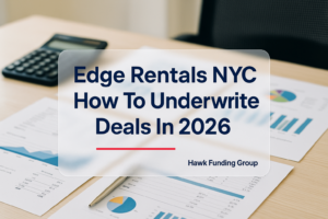 Edge Rentals NYC typography design by Hawk Funding Group over a calculator desk background.