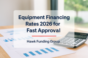 Equipment financing rates headline design for Hawk Funding Group on a modern finance desk background.