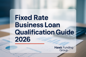 Fixed rate business loan typography design for Hawk Funding Group over a finance desk photo.