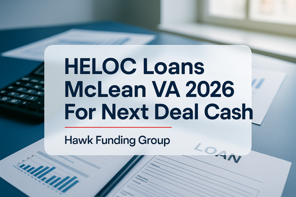 HELOC Loans McLean VA 2026 text design for Hawk Funding Group on a modern finance workspace background.