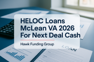 HELOC Loans McLean VA 2026 text design for Hawk Funding Group on a modern finance workspace background.