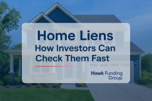 Home liens typography card with Hawk Funding Group over a modern house photo background.