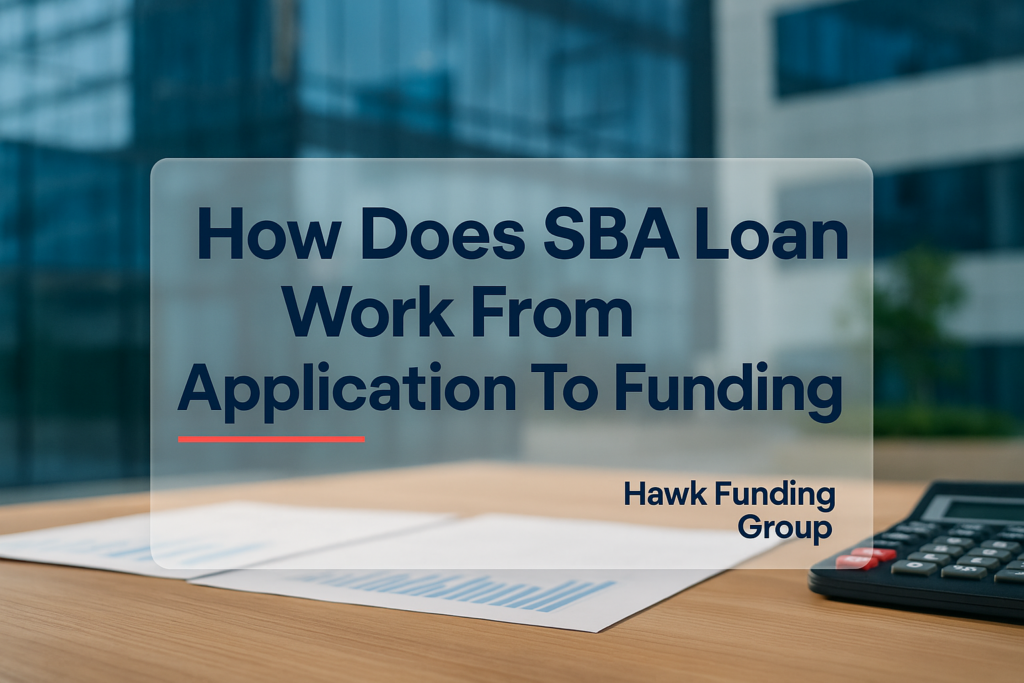 How Does SBA Loan Work typography design for Hawk Funding Group over a modern funding office background.