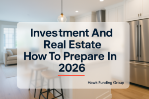 Typography blog cover for investment and real estate by Hawk Funding Group on a modern home interior.