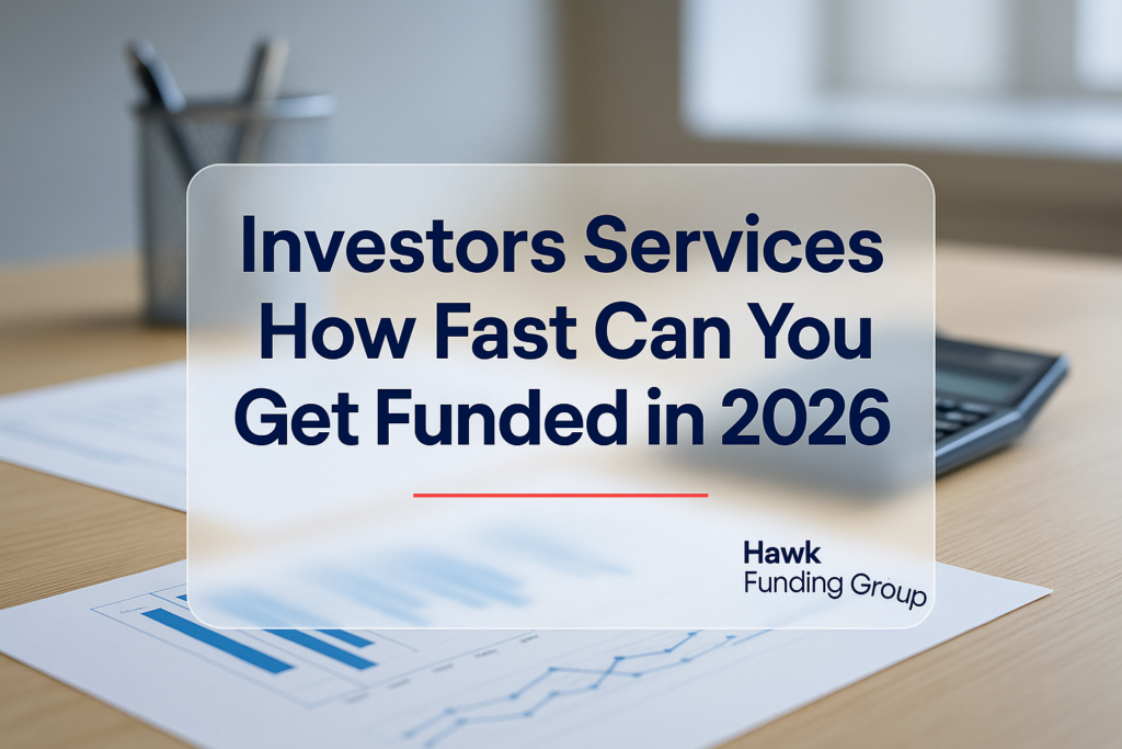 Investors services headline design for Hawk Funding Group over a modern finance desk background.