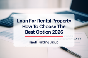 Loan for rental property typography design for Hawk Funding Group on a modern office desk background.