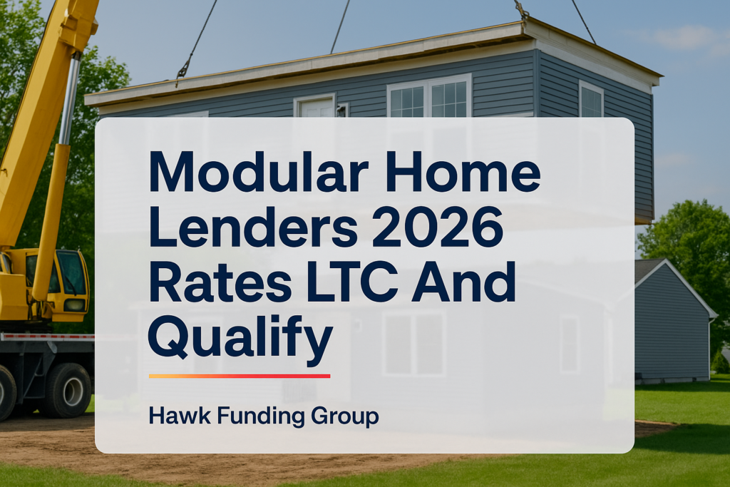Modular home lenders headline design for Hawk Funding Group with clean navy typography over a photo background.