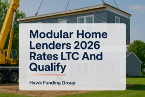 Modular home lenders headline design for Hawk Funding Group with clean navy typography over a photo background.