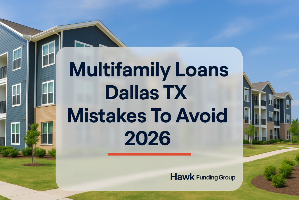 Multifamily loans Dallas TX typography design with Hawk Funding Group on a real estate photo background.