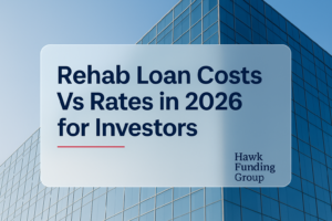 Rehab loan typography cover with navy headline and Hawk Funding Group branding over a glass office building.